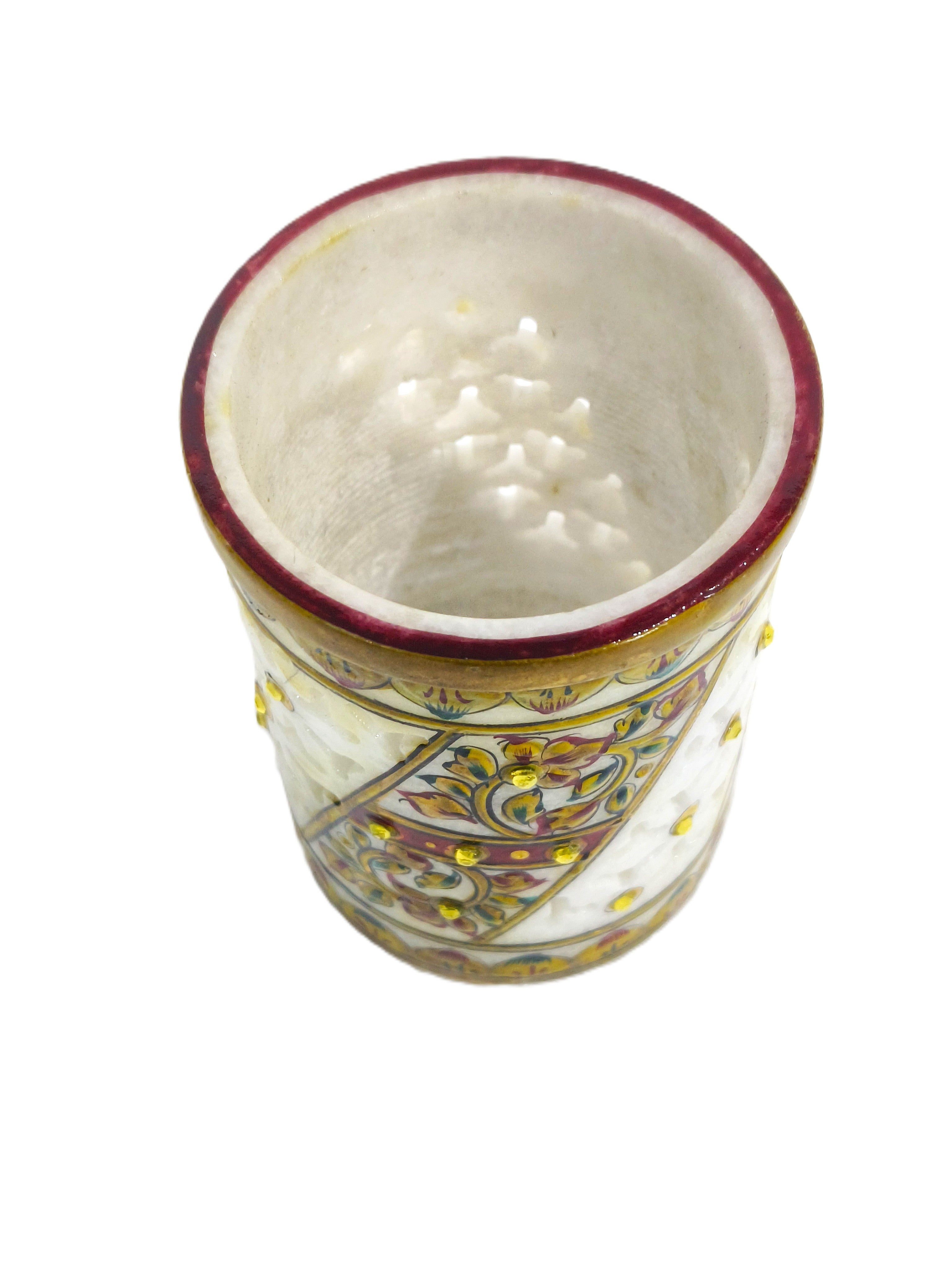 Premium Handcrafted Marble Pen Stand with Floral Inlay Art