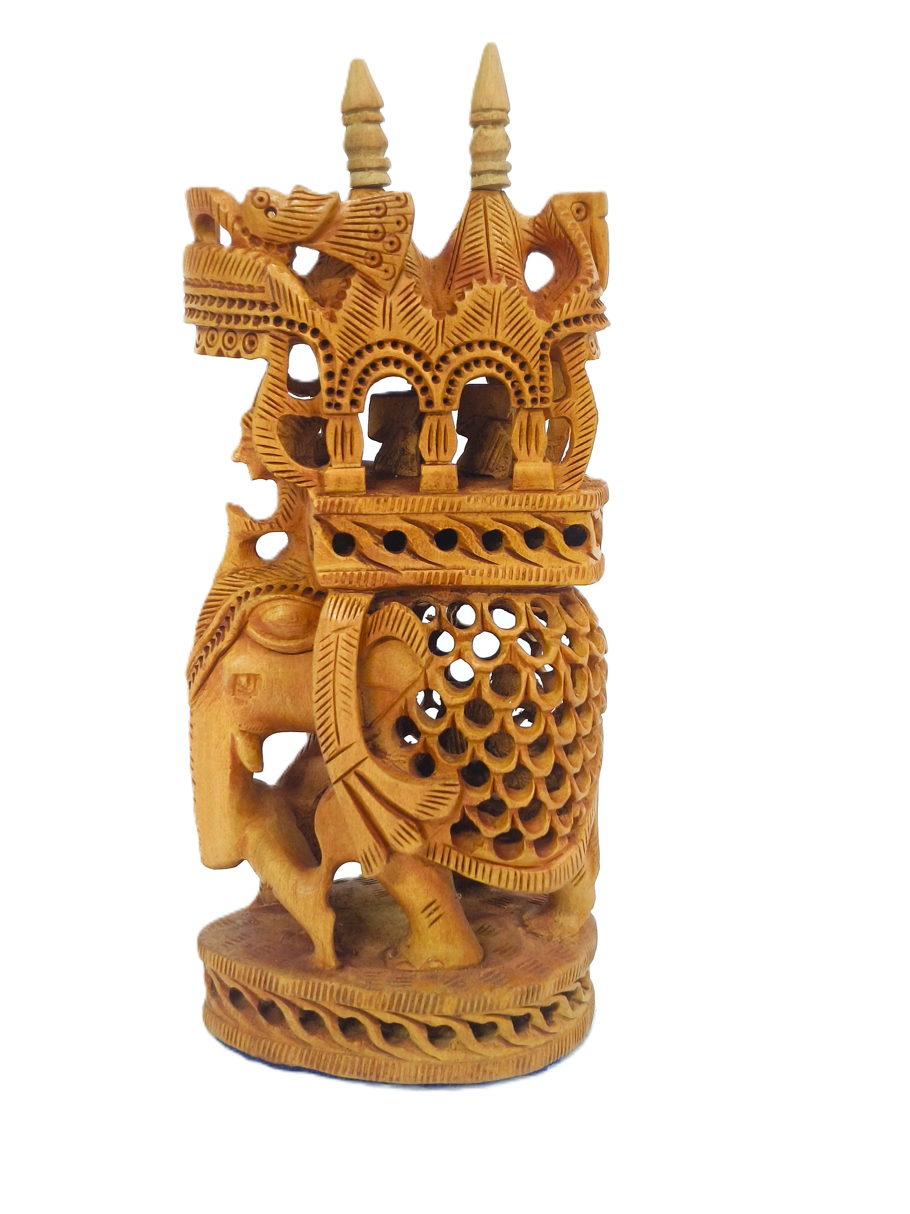 Royal Heritage Hand-Carved Wooden Elephant with Ornate Palace Canopy