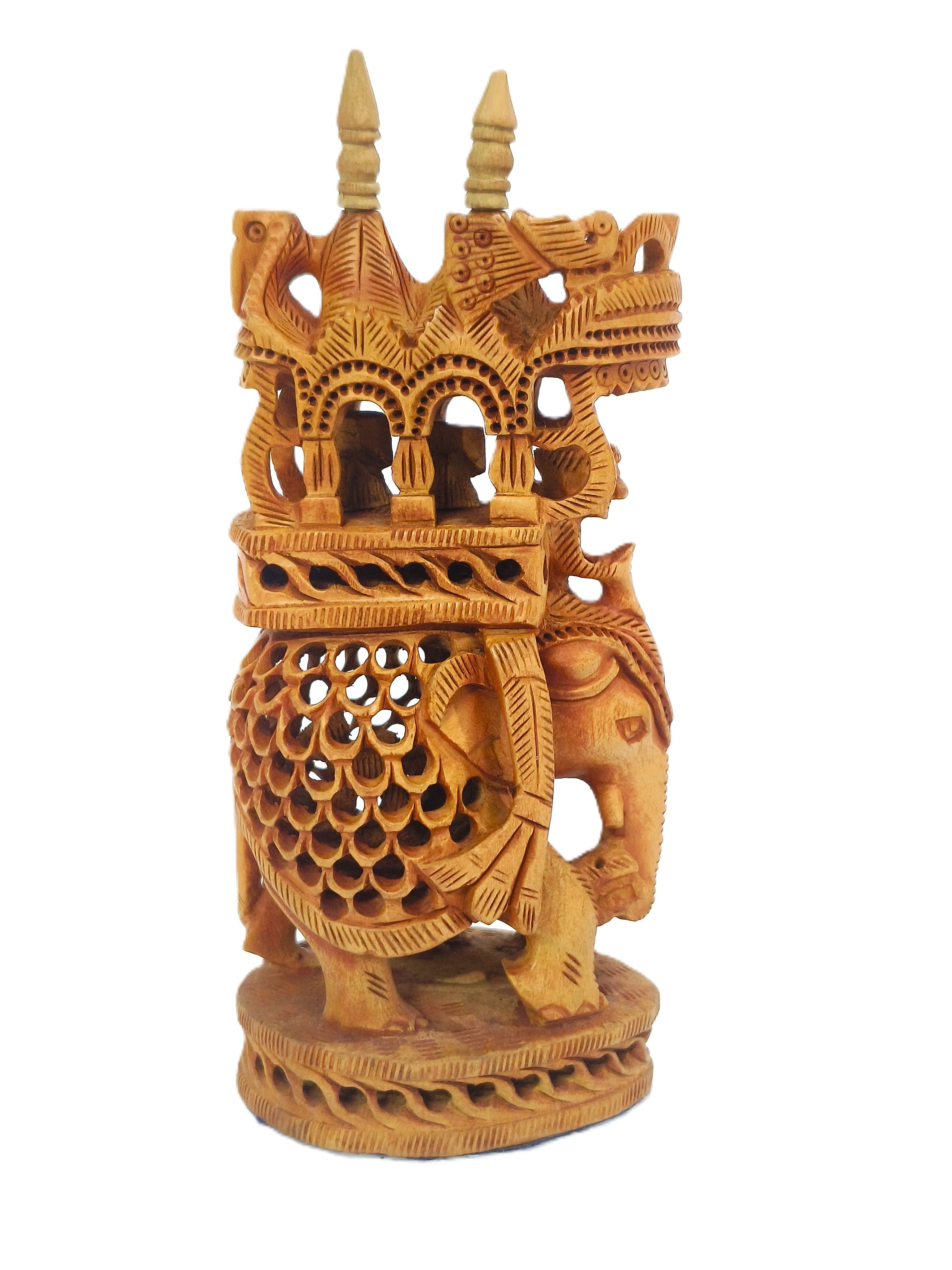 Royal Heritage Hand-Carved Wooden Elephant with Ornate Palace Canopy