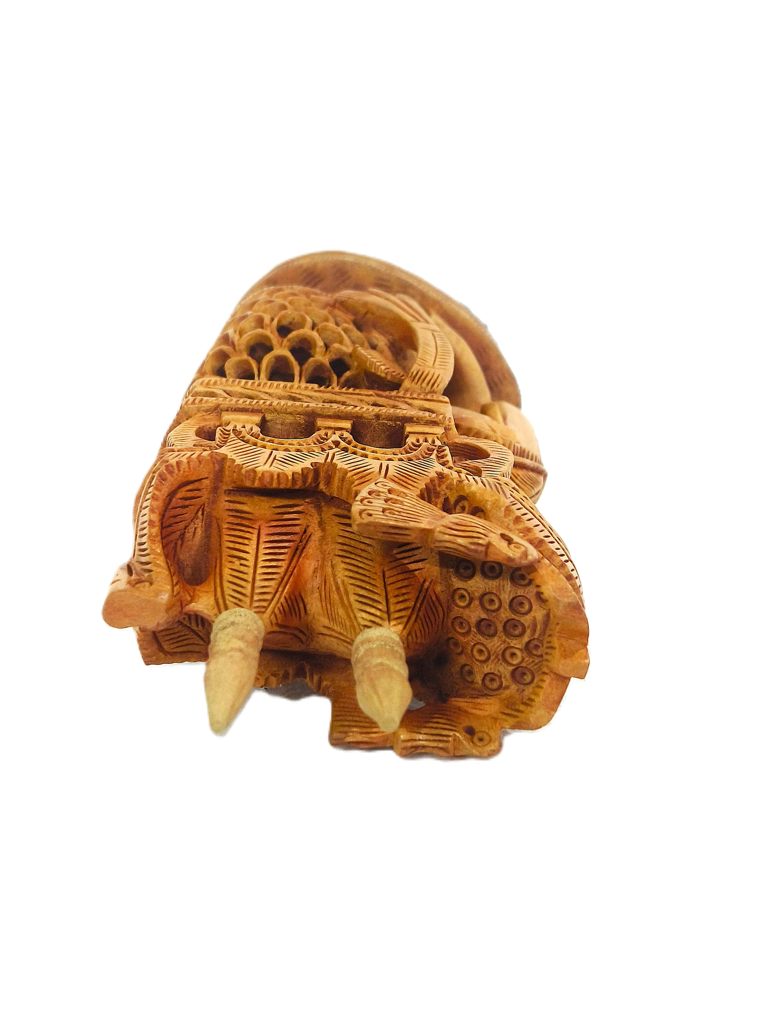 Royal Heritage Hand-Carved Wooden Elephant with Ornate Palace Canopy