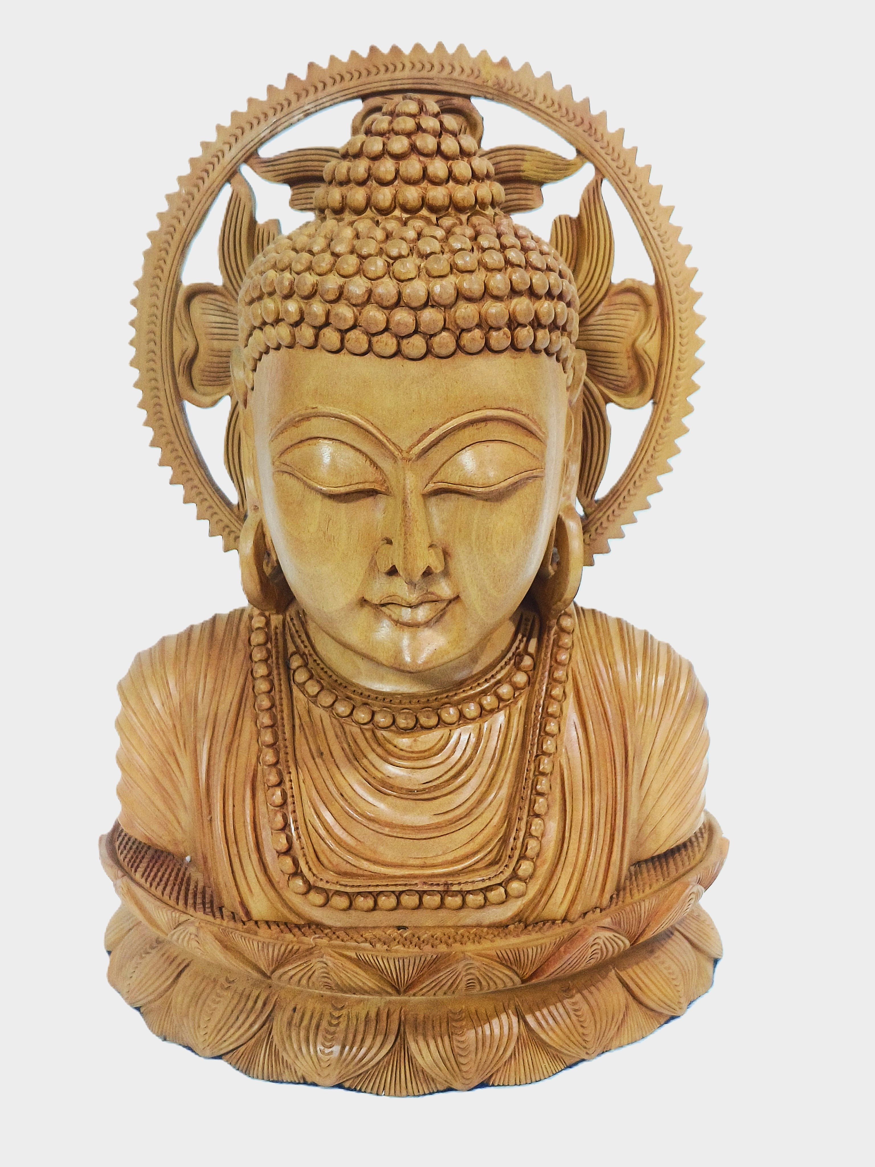 Serene Enlightenment – Handcrafted Wooden Buddha Bust