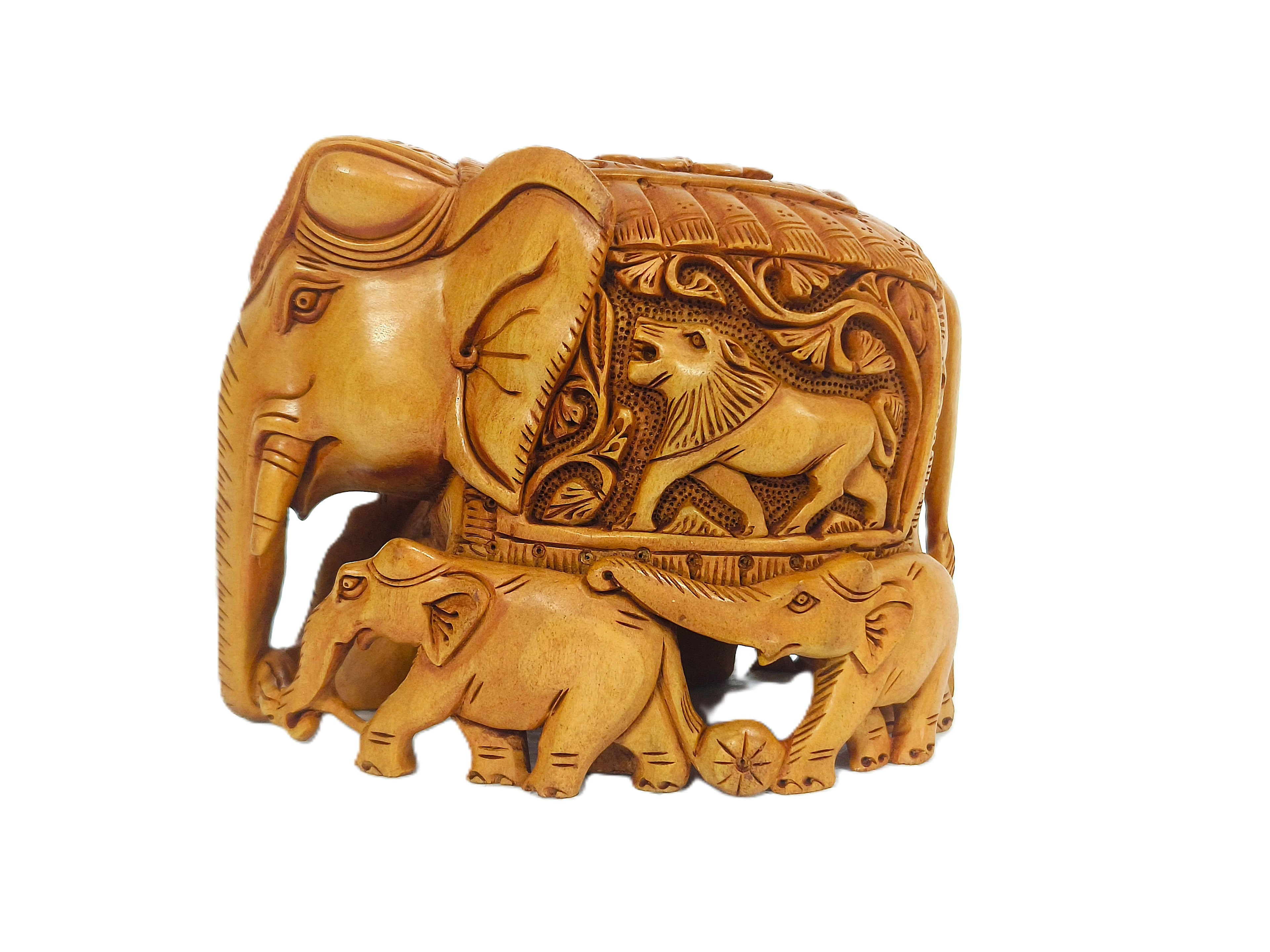 Handcrafted Wooden Elephant Family Sculpture | Indian Traditional Carving