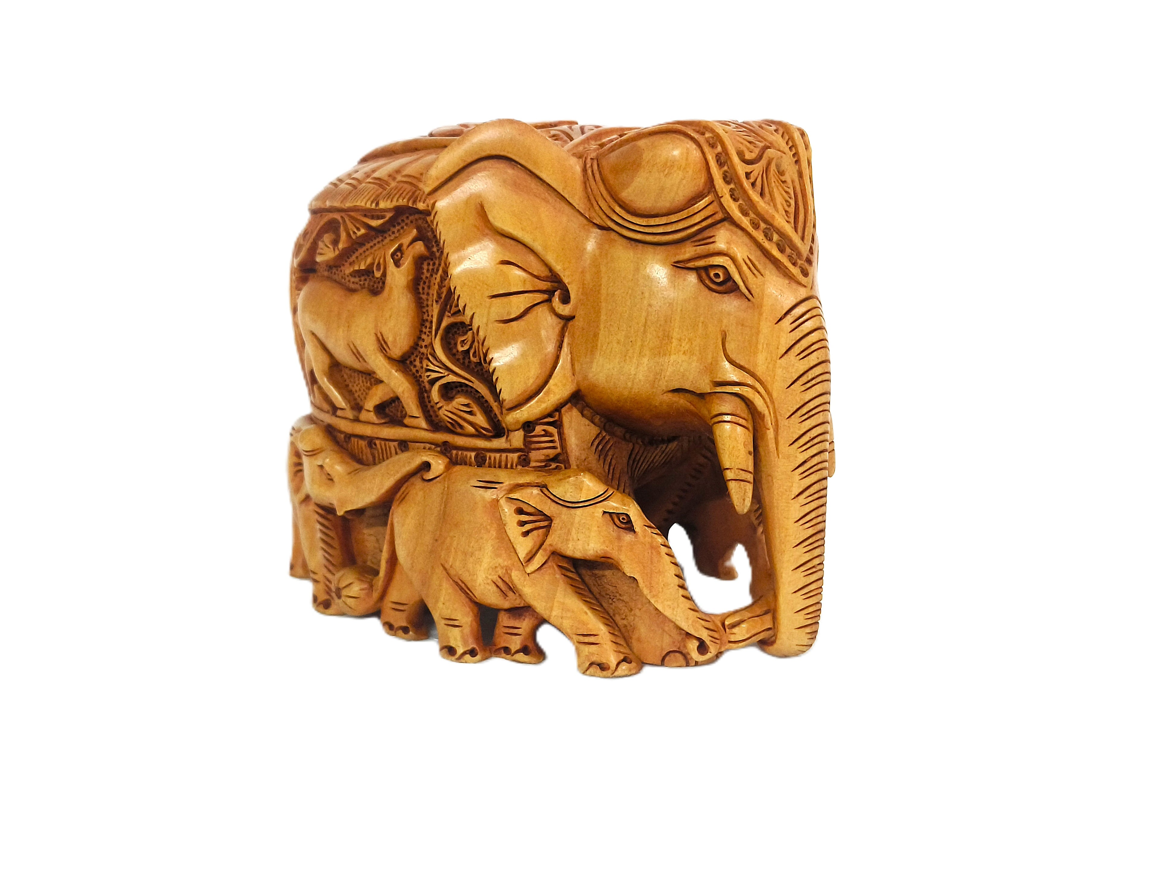 Handcrafted Wooden Elephant Family Sculpture | Indian Traditional Carving