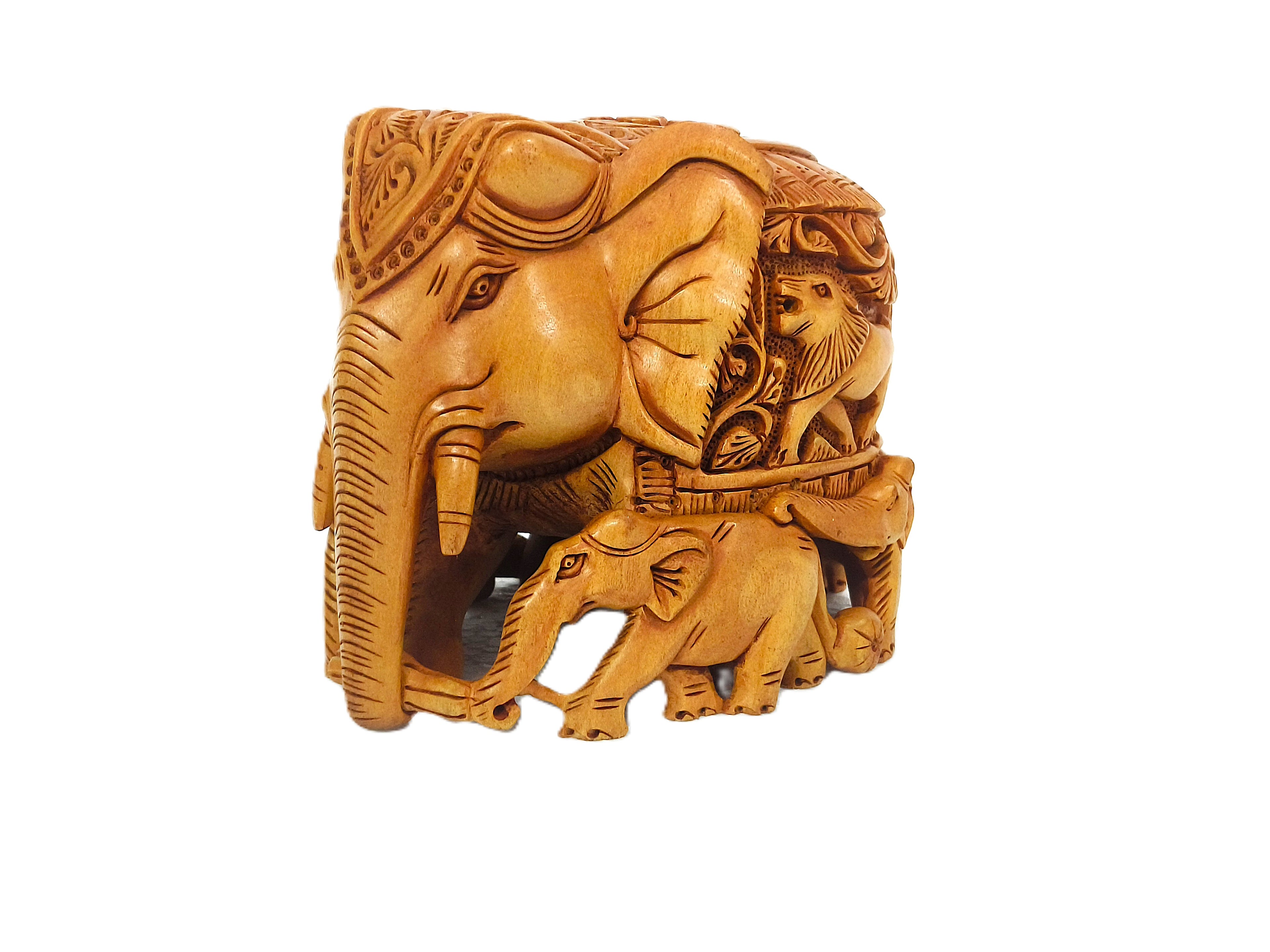 Handcrafted Wooden Elephant Family Sculpture | Indian Traditional Carving