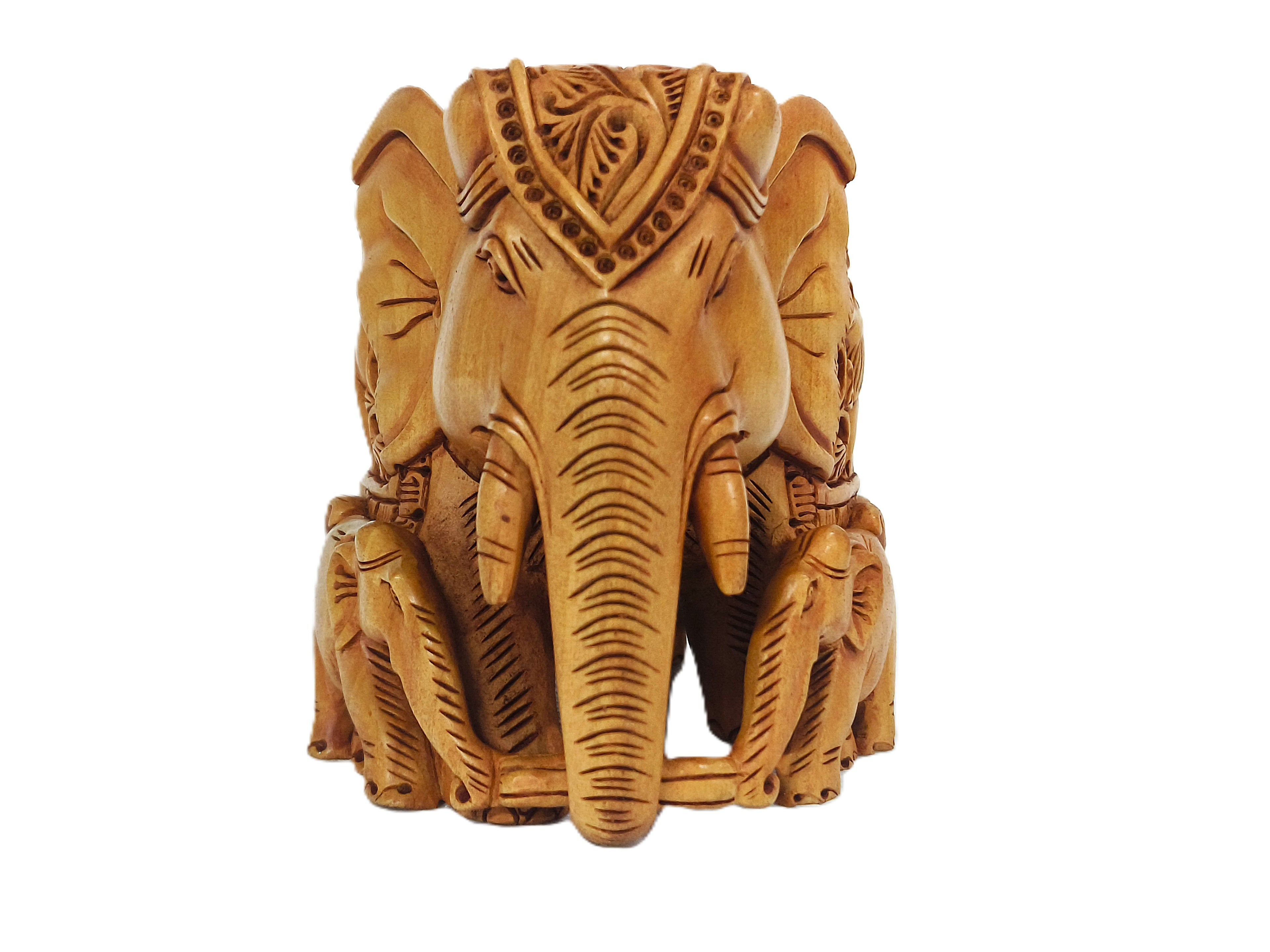 Handcrafted Wooden Elephant Family Sculpture | Indian Traditional Carving