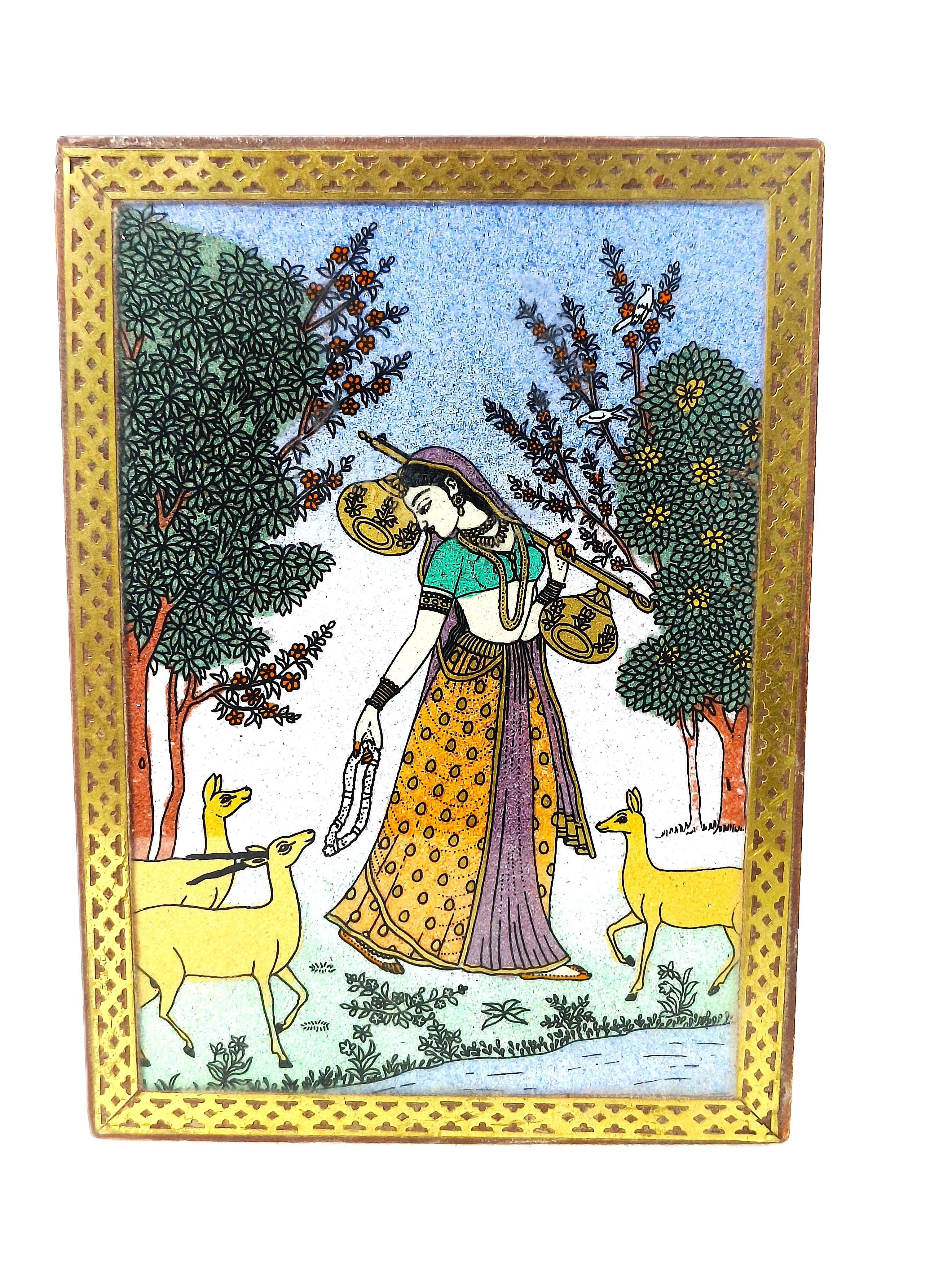 Magnificent wooden storage box with a velvet lining, adorned with crushed Indian gemstones