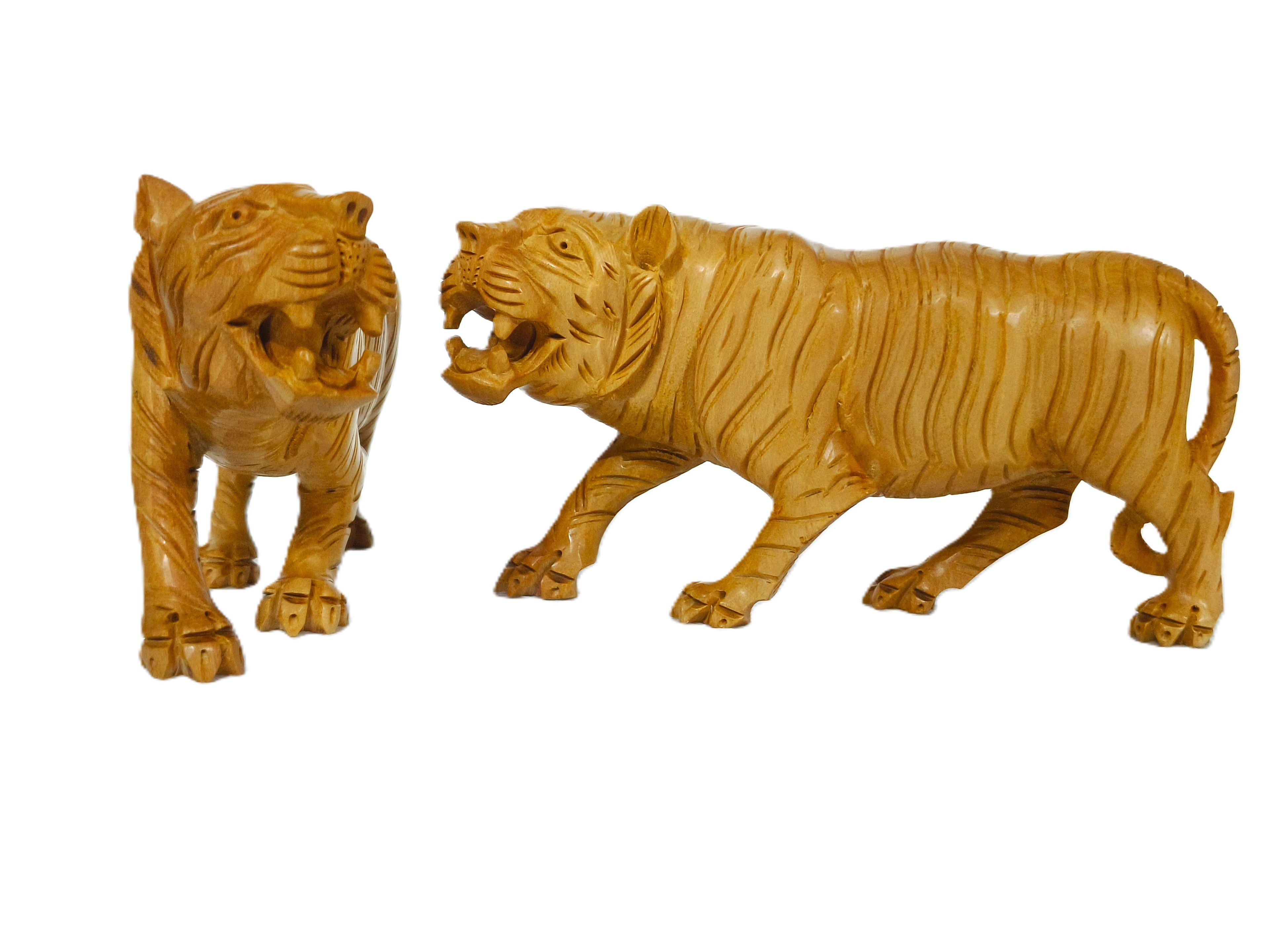 Elegant Wooden Tiger Decor Set – Handmade Carved Wildlife Sculptures