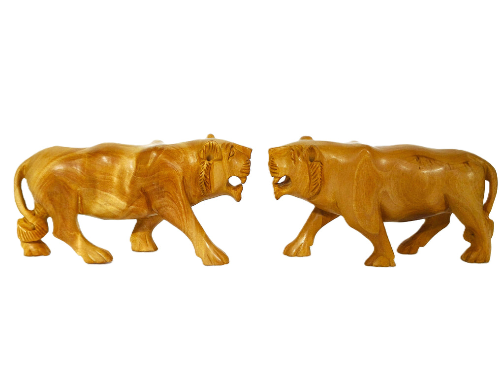 Handcrafted Wooden Lioness Figurine Pair – Decorative Wildlife Sculpture Set