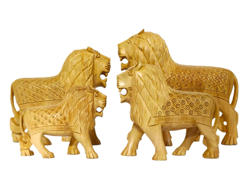 Handcrafted Wooden Lion Figurine Set – Decorative Lion Family Sculptures