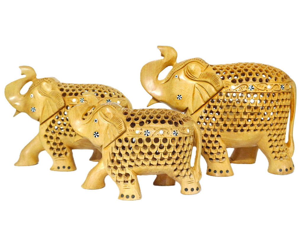Handcrafted Wooden Elephant Family Figurine Set – Decorative Carved Elephant Sculptures