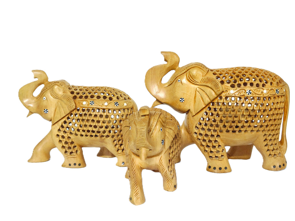 Handcrafted Wooden Elephant Family Figurine Set – Decorative Carved Elephant Sculptures
