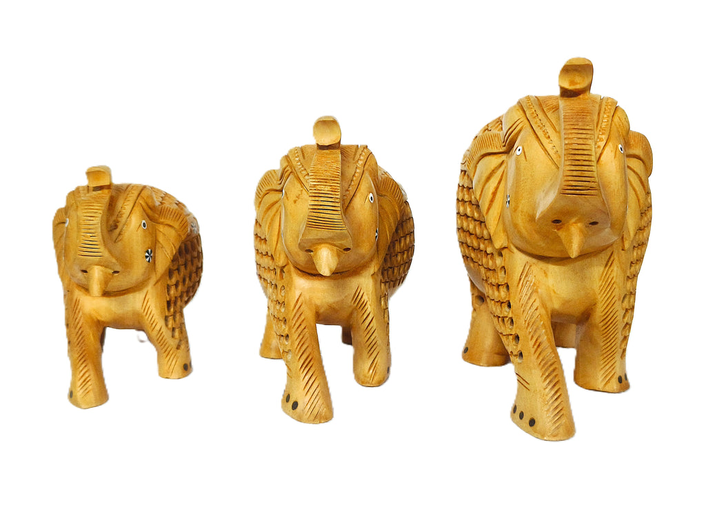 Handcrafted Wooden Elephant Family Figurine Set – Decorative Carved Elephant Sculptures