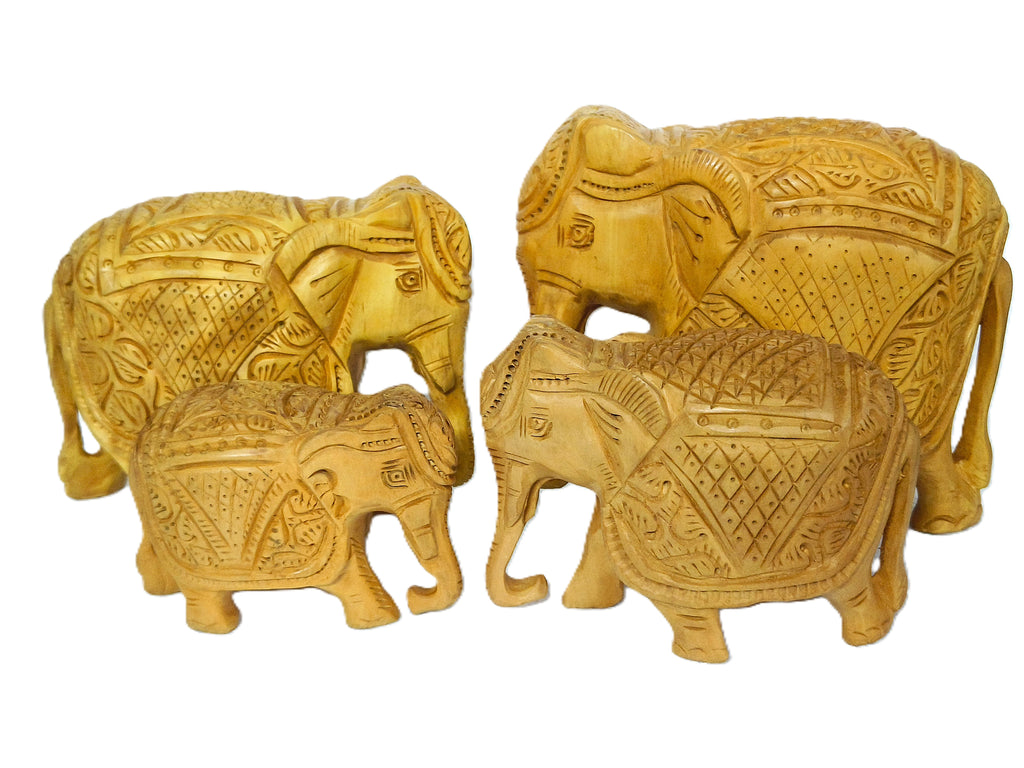 Handcrafted Wooden Elephant Family Figurine Set – Traditional Carved Elephant Sculptures