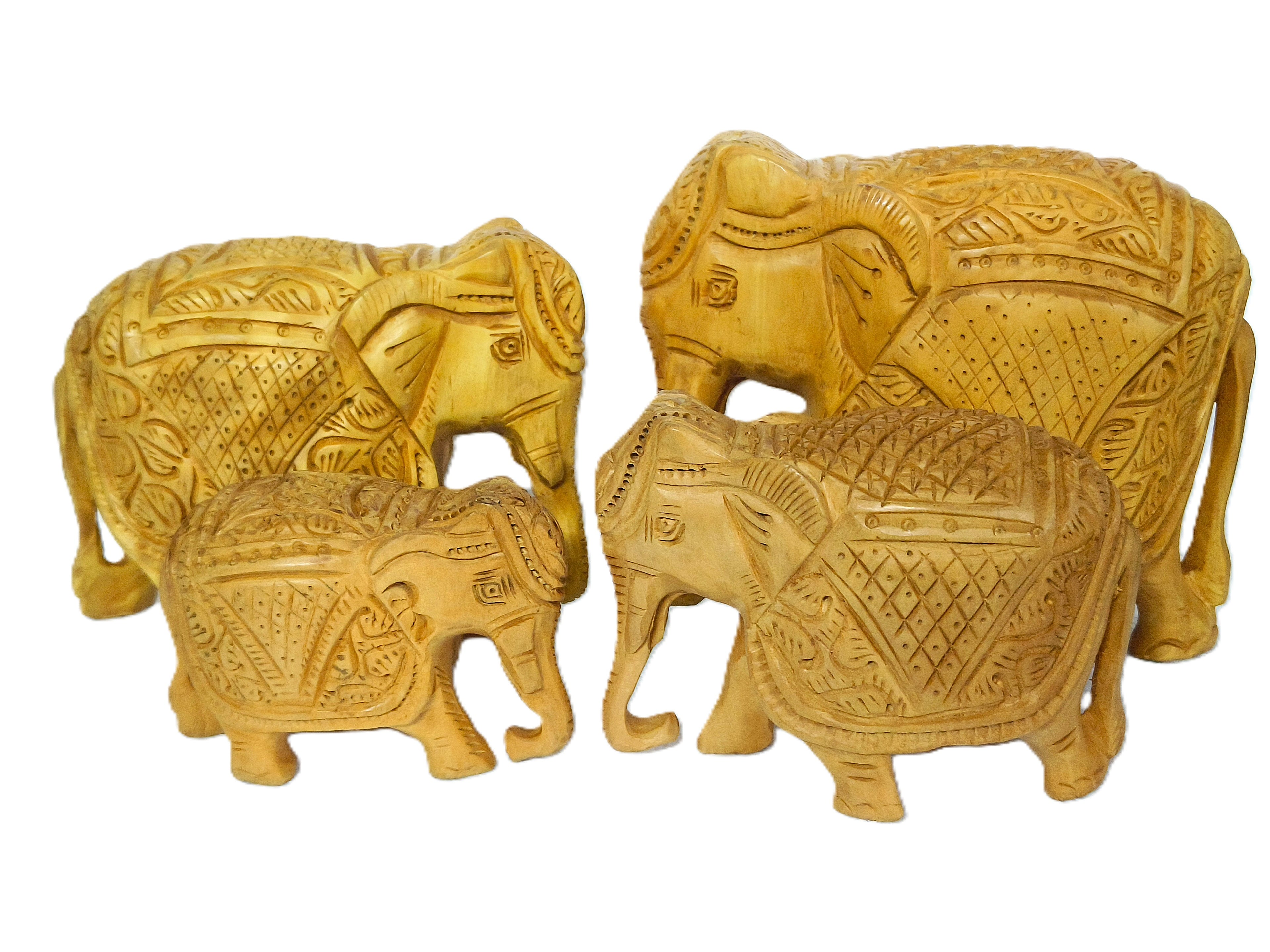 Handcrafted Wooden Elephant Family Figurine Set – Traditional Carved Elephant Sculptures