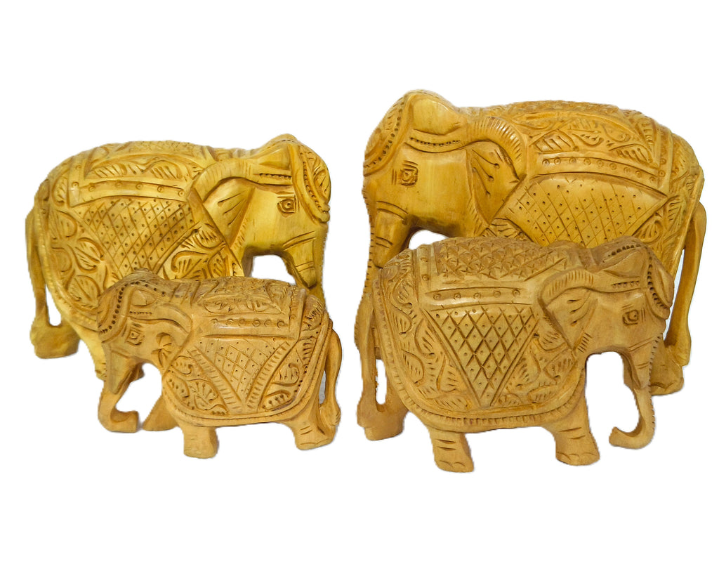 Handcrafted Wooden Elephant Family Figurine Set – Traditional Carved Elephant Sculptures