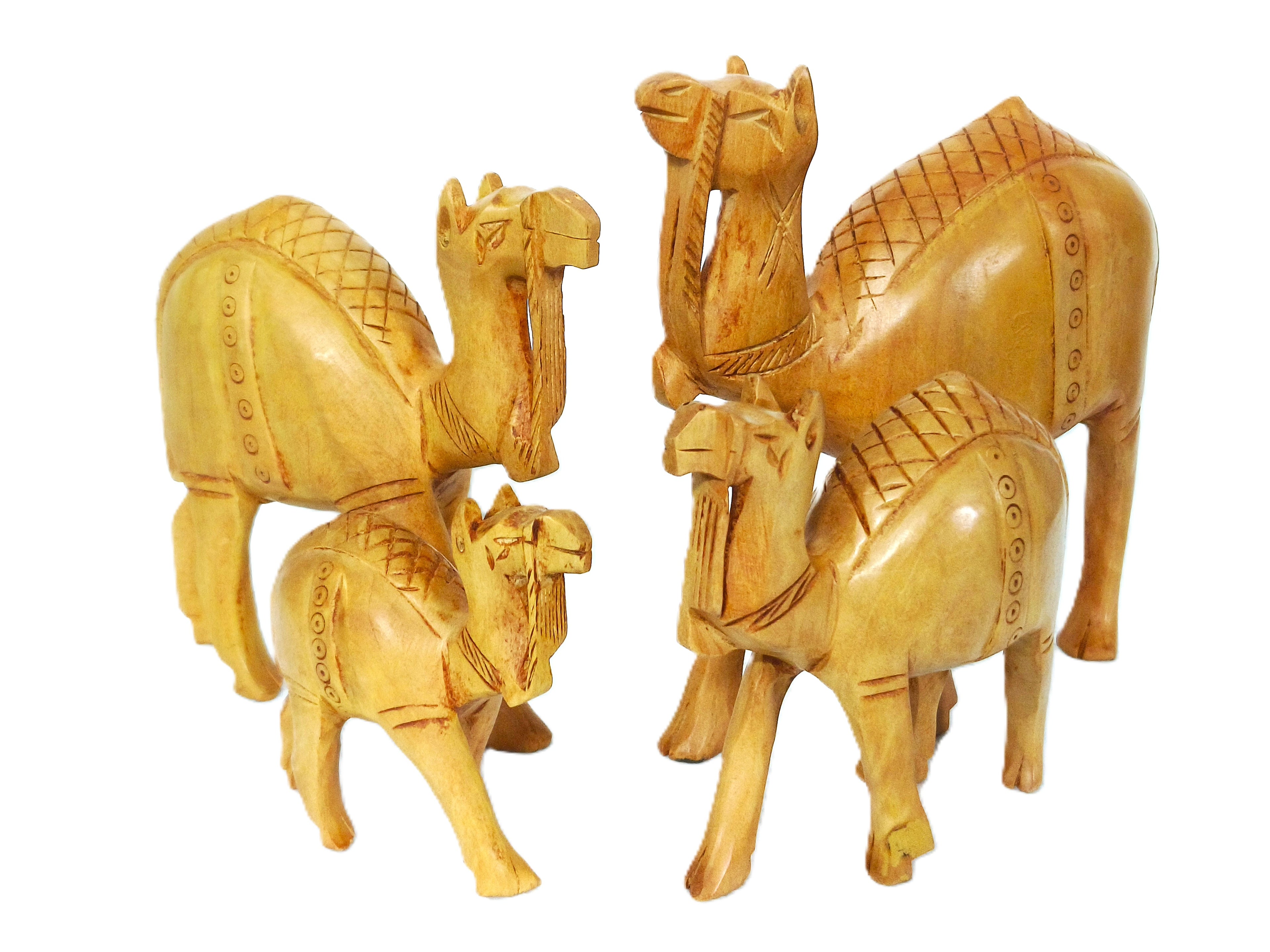 Handcrafted Wooden Camel Family Figurine Set – Decorative Desert Animal Sculptures