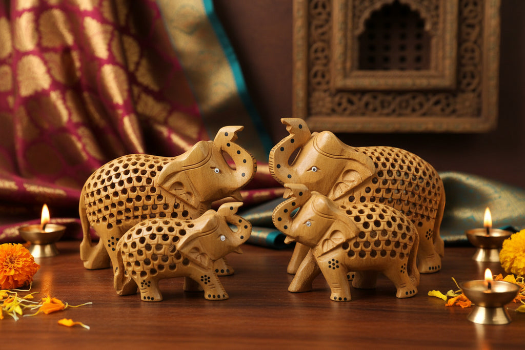 Wooden Elephant Statue Set – Artisan Hand-Carved Home Decor