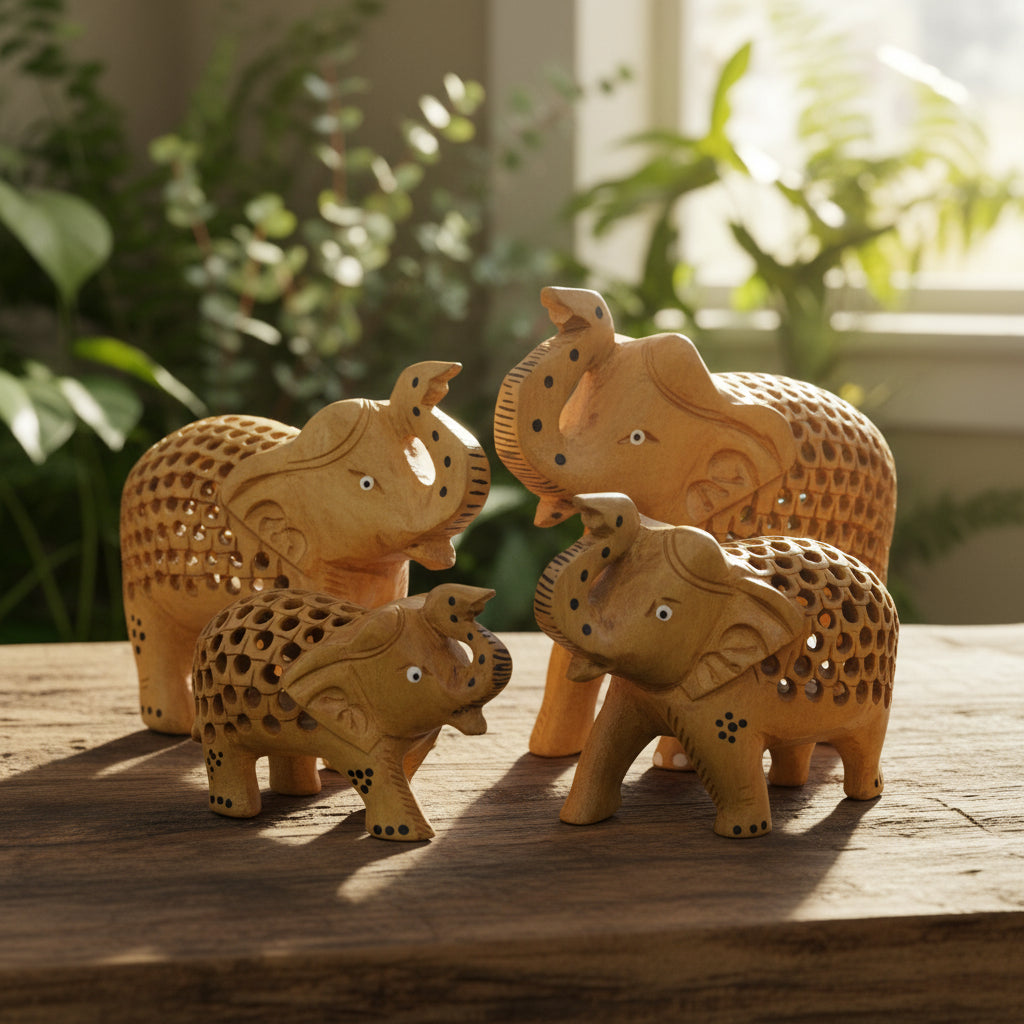 Wooden Elephant Statue Set – Artisan Hand-Carved Home Decor