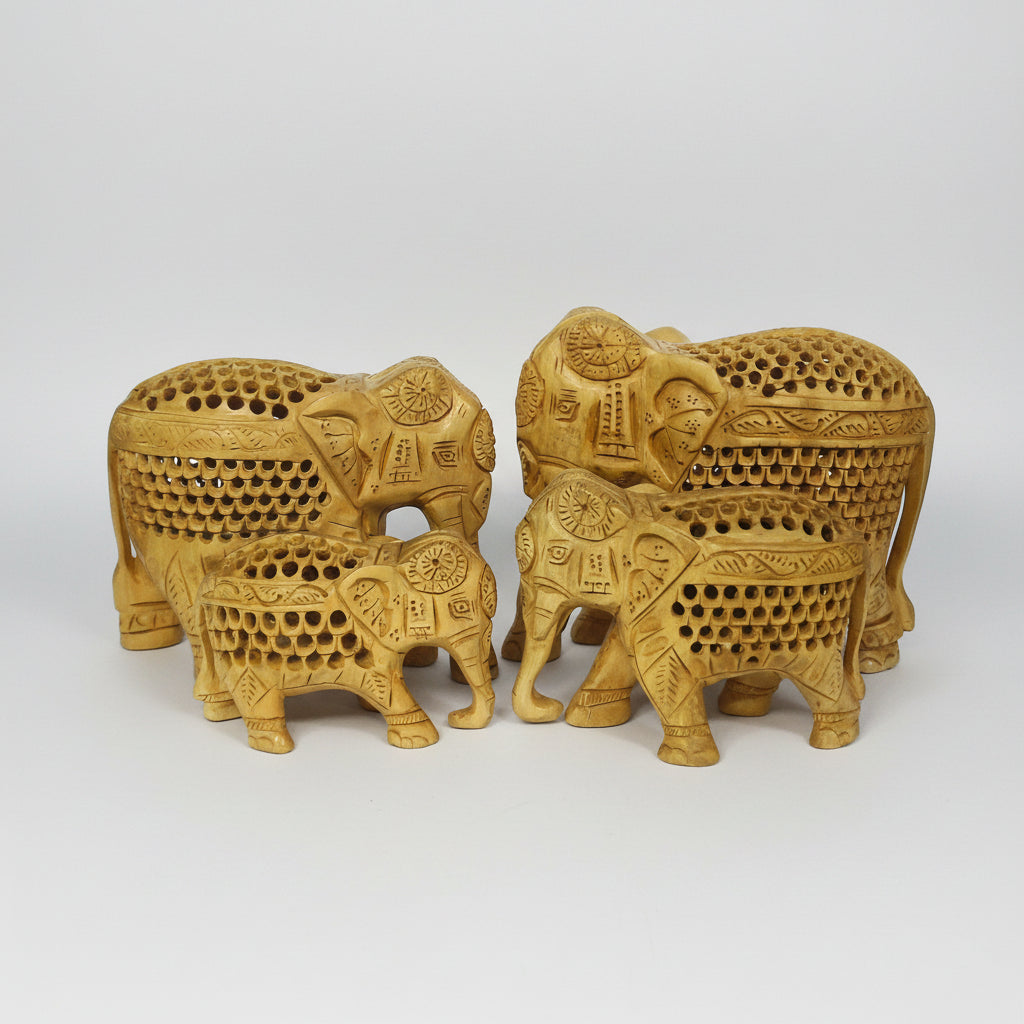 Decorative Elephant Family Sculpture Set – Handmade Wooden Animal Statues