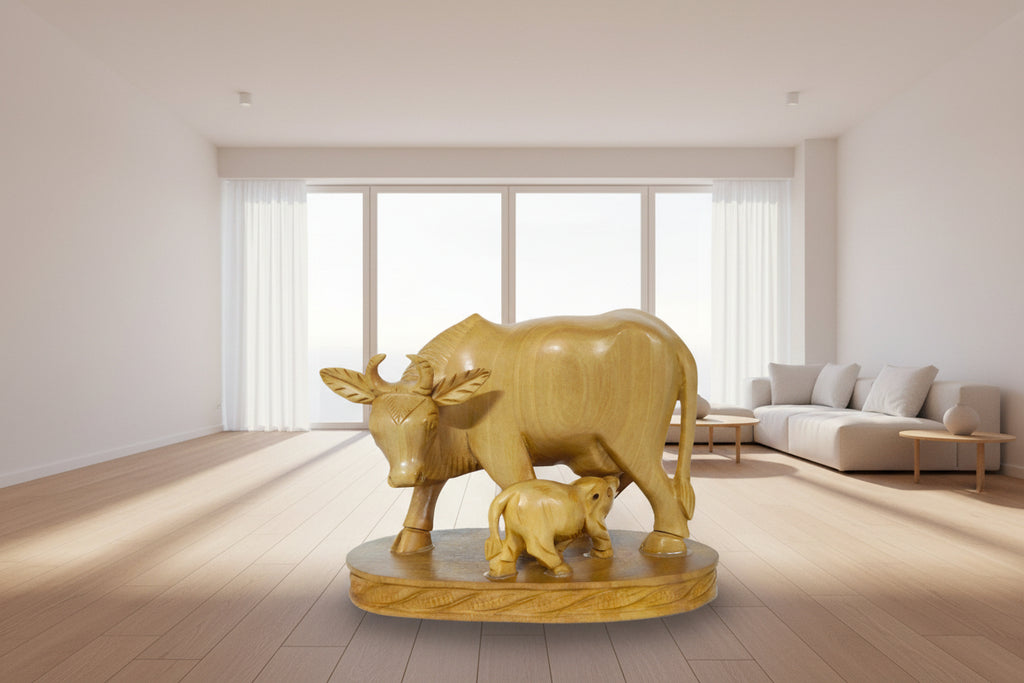 Wooden Cow with Calf Figurine – Handmade Artisan Animal Sculpture