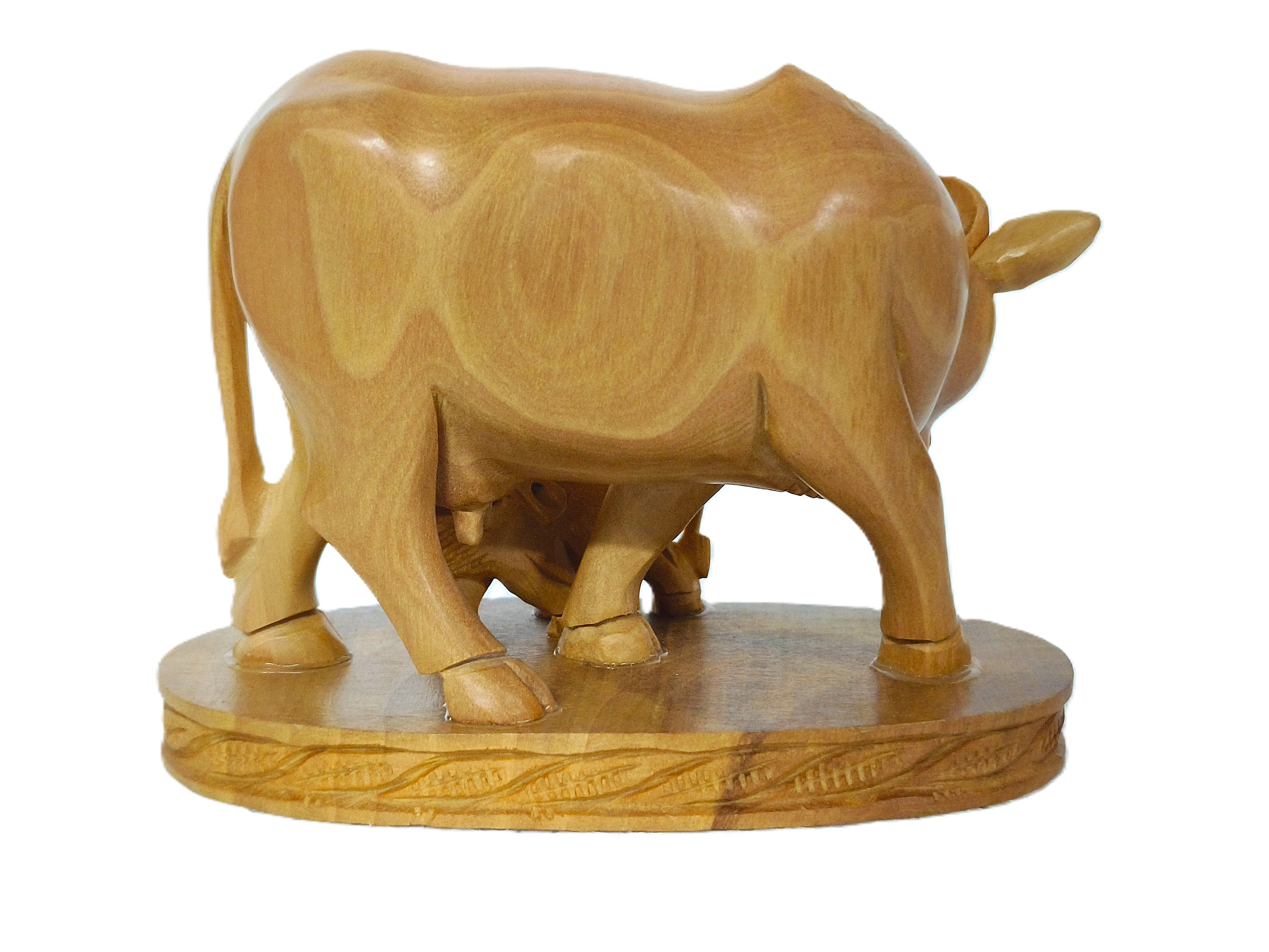 Wooden Cow with Calf Figurine – Handmade Artisan Animal Sculpture