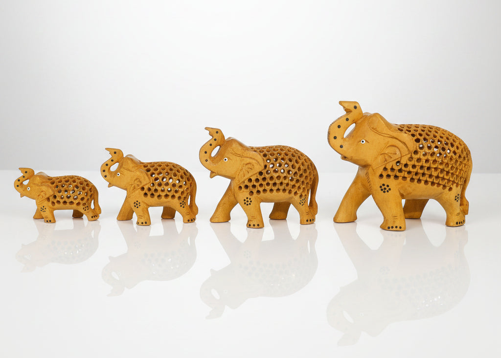 Wooden Elephant Statue Set – Artisan Hand-Carved Home Decor
