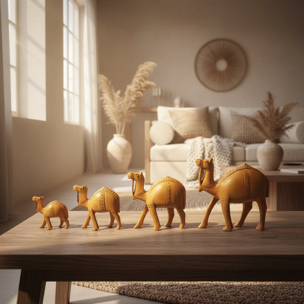 Handcrafted Wooden Camel Family Figurine Set – Decorative Desert Animal Sculptures