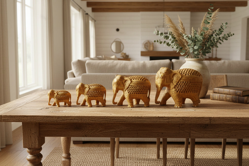 Decorative Elephant Family Sculpture Set – Handmade Wooden Animal Statues