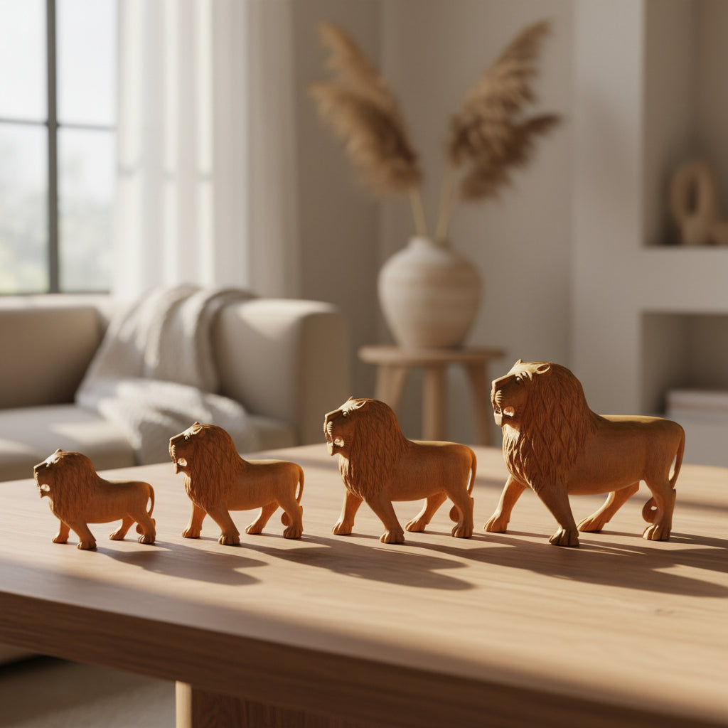 Handcrafted Wooden Lion Family Figurine Set – Decorative Wildlife Sculpture Collection